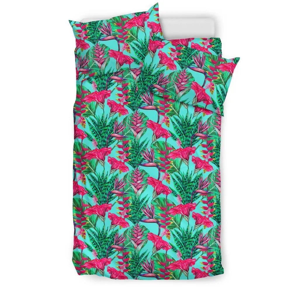 Hawaiian Tropical Strelitzia Heliconias Hibiscus Blue Background Polynesian Bedding Set