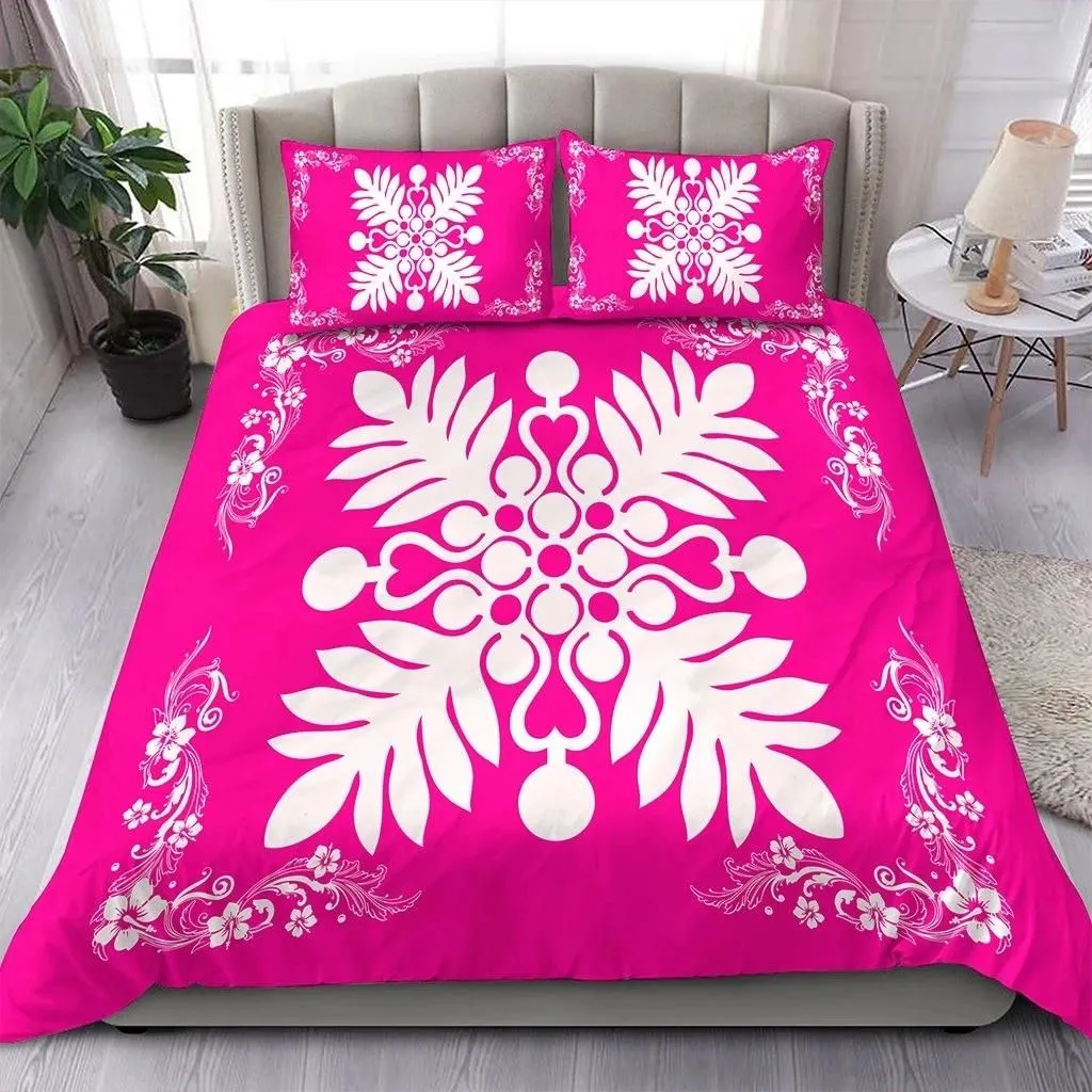 Alohawaii Home Set - Hawaiian Quilt Maui Plant And Hibiscus Pattern Bedding Set - White Pink - AH J8