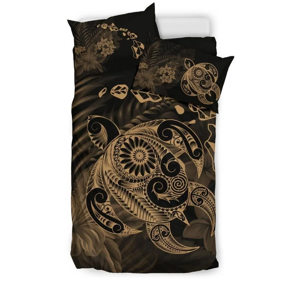 FamilyGater Home Set - Hawaiian Map Turtle Tattoo Hibiscus Plumeria Polynesian Bedding Set - Gold - AH - J4