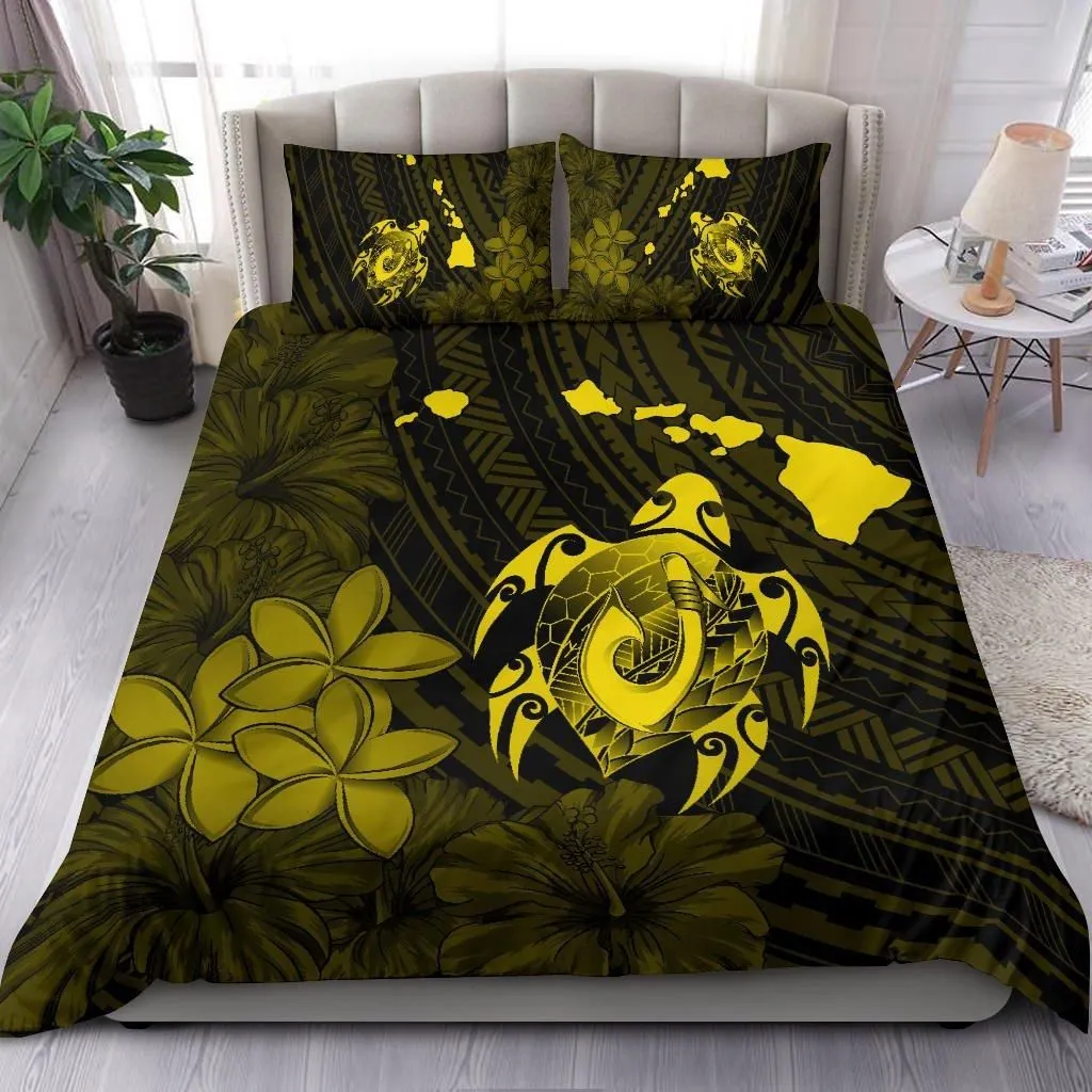 Alohawaii Home Set - Hawaiian Map Turtle Plumeria Hibiscus Fish Hook Polynesian Bedding Set Yellow - AH - J5