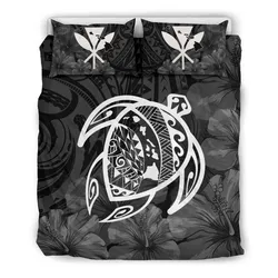 FamilyGater Home Set - Hawaiian Map Turtle Kanaka Hibiscus Polynesian Bedding Set - White - AH J4