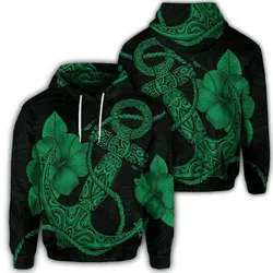Hawaiian Anchor Poly Tribal Hibiscus Polynesian Hoodie Green