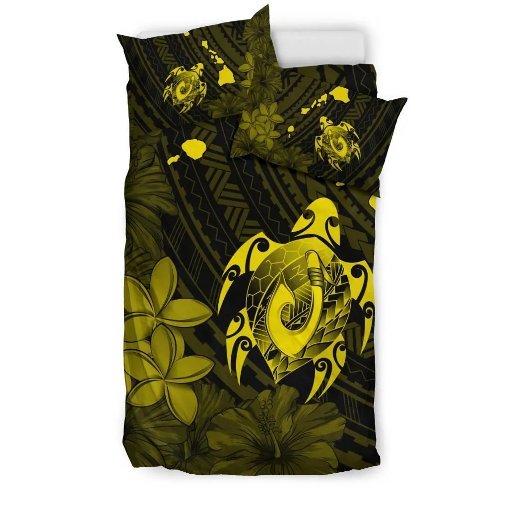 Hawaiian Map Turtle Plumeria Hibiscus Fish Hook Polynesian Bedding Set Yellow