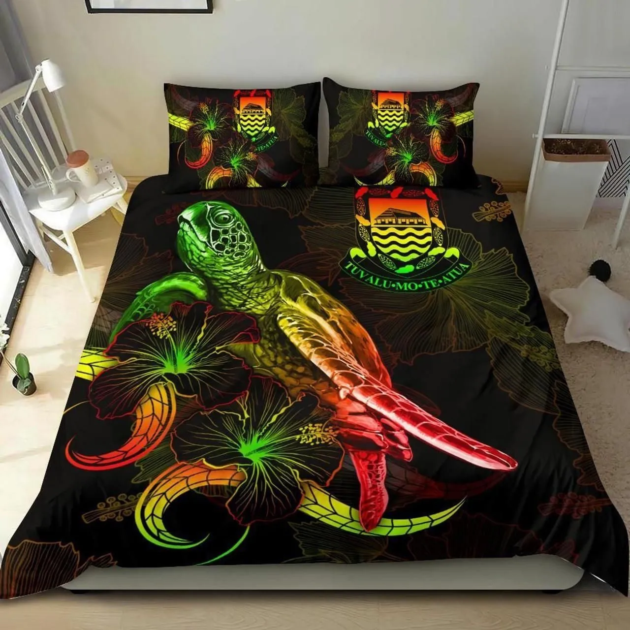 Tuvalu Polynesian Bedding Set - Turtle With Blooming Hibiscus Reggae