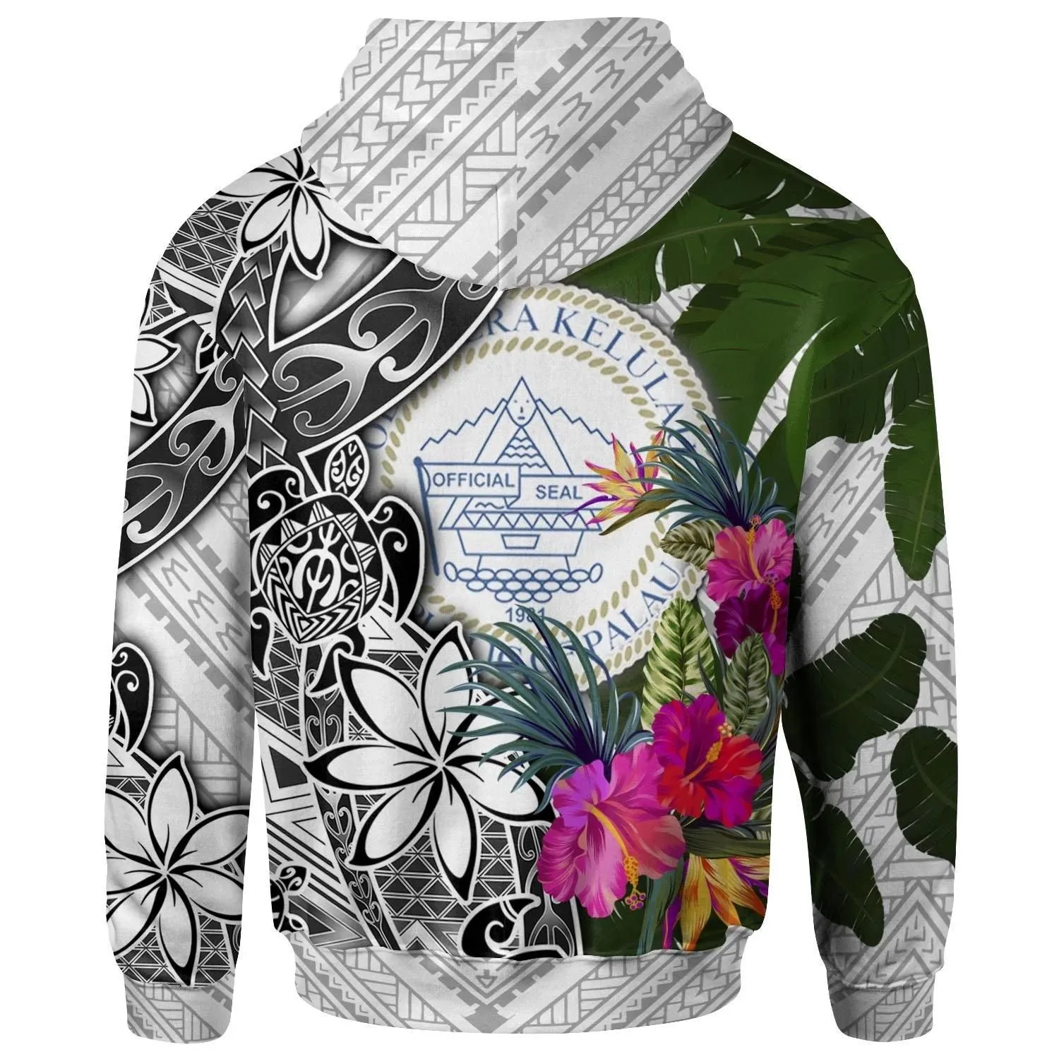 Alohawaii Clothing - Hoodie Palau White - Turtle Plumeria Banana Leaf - BN11