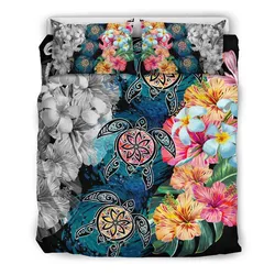 FamilyGater Home Set - Hawaiian Turtle Swimming Wave Plumeria Hibiscus Polynesian Bedding Set - Garden Style - AH - J5