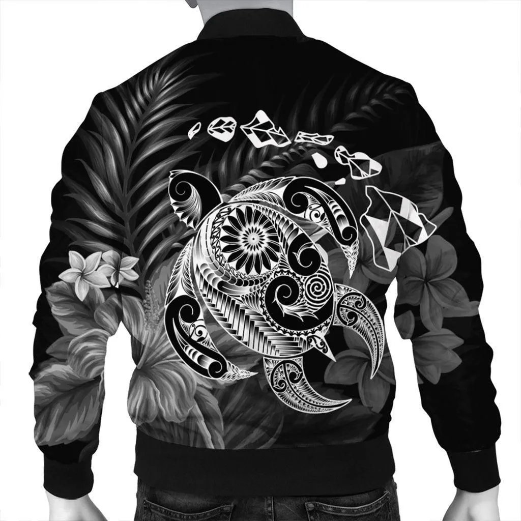 Hawaiian Map Turtle Tattoo Hibiscus Plumeria Polynesian Bomber Jacket - White