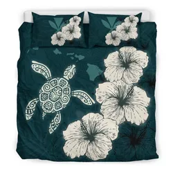 Alohawaii Bedding Set - Cover and Pillow Cases Hawaiian Hibiscus Turtle Polynesian - Maps Style Green A10