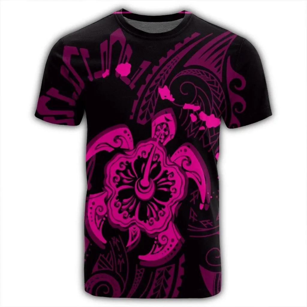 Alohawaii Tee - Hawaiian Map Kanaka Hibiscus Turtle Pink Polynesian T-shirt AH - J4R