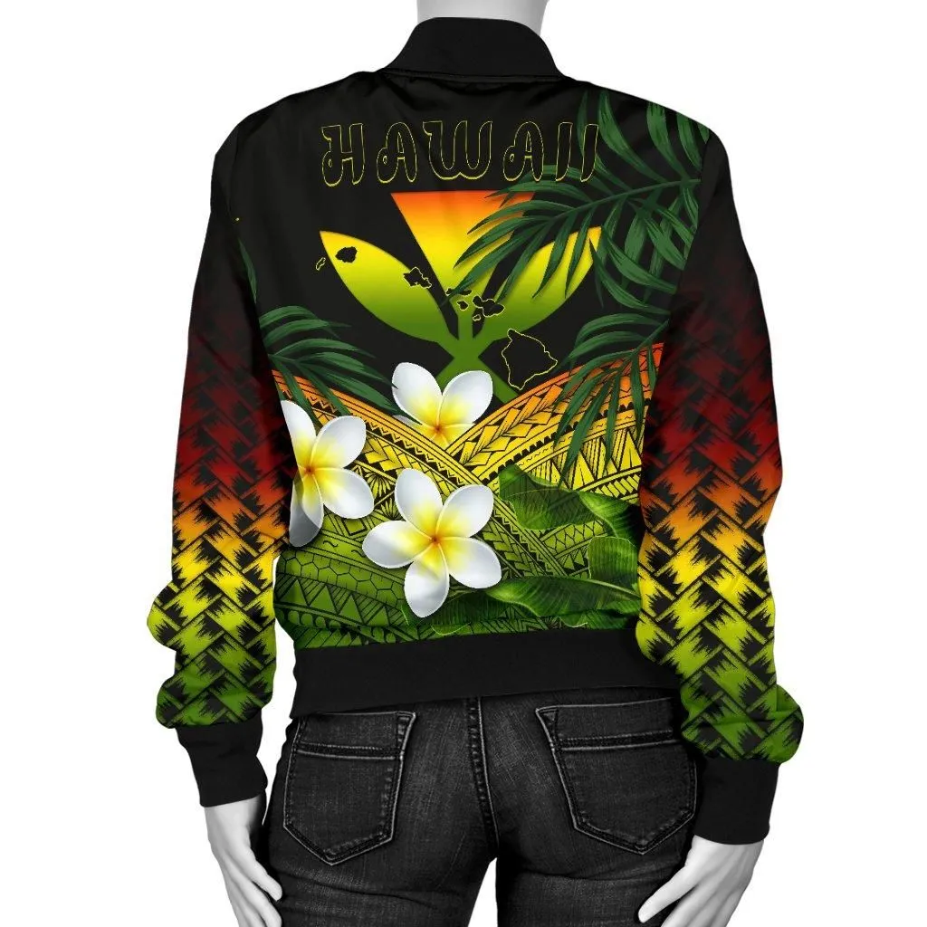 Kanaka Maoli (Hawaiian) Womens Bomber Jacket, Polynesian Plumeria Banana Leaves Reggae