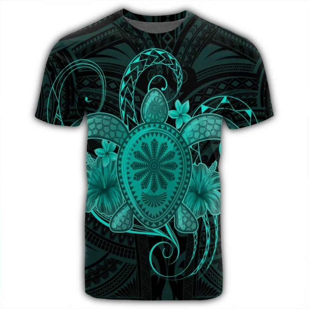 Hawaii Turtle Hibiscus Polynesian T-Shirt - Full Style - Turquoise - AH