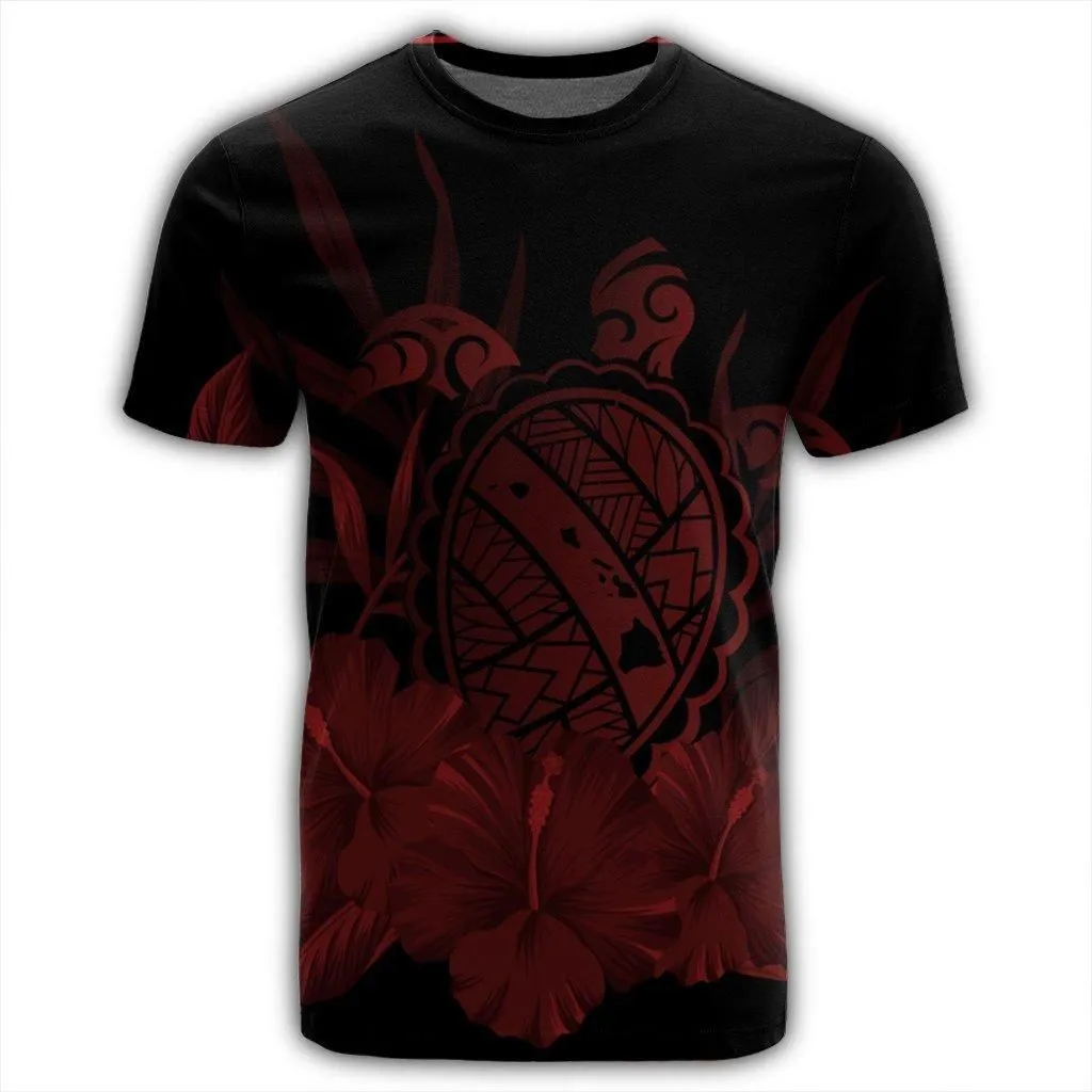 Hawaiian Map Turtle Hibiscus Polynesian T-Shirt - Red - AH