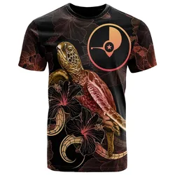 Yap Polynesian T shirt - Turtle With Blooming Hibiscus Gold