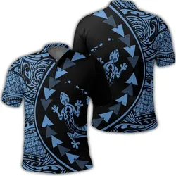 Alohawaii Shirt - Hawaiian Map Gecko Tattoo Kakau Polynesian Polo Shirt Pastel Blue AH - J0R