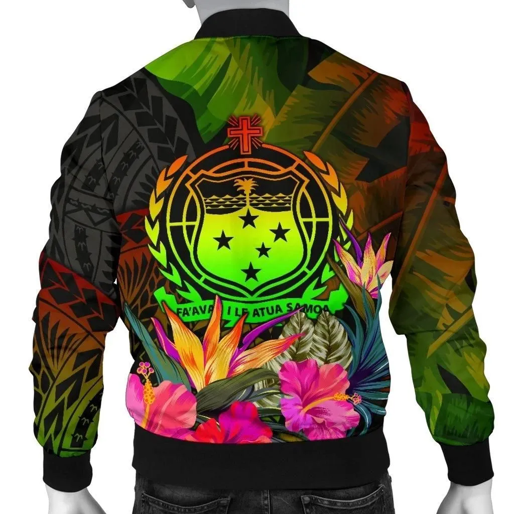 Samoa Polynesian Men's Bomber Jacket -  Hibiscus and Banana Leaves - BN15