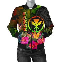 Polynesian Hawaii Kanaka Maoli Polynesian Women's Bomber Jacket -  Hibiscus and Banana Leaves - BN15