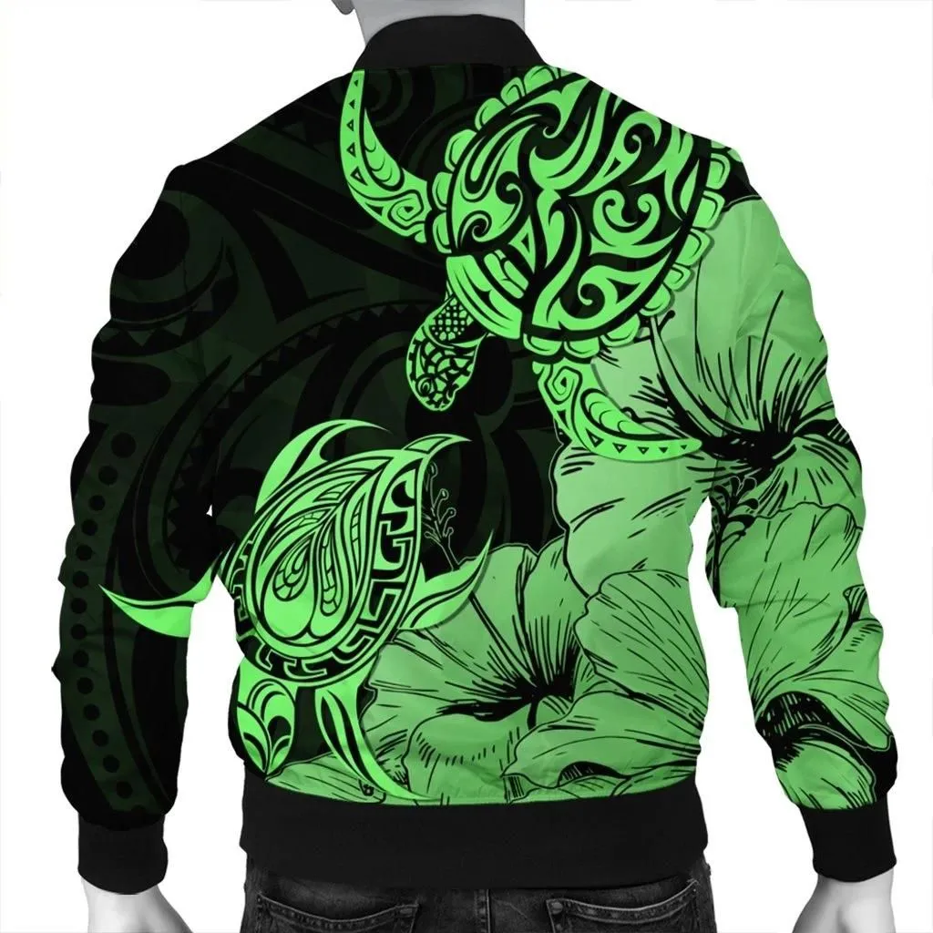 FamilyGater Jacket - Hawaii Turtle Bomber Jacket Polynesian Hibiscus Art Green - AH - JR