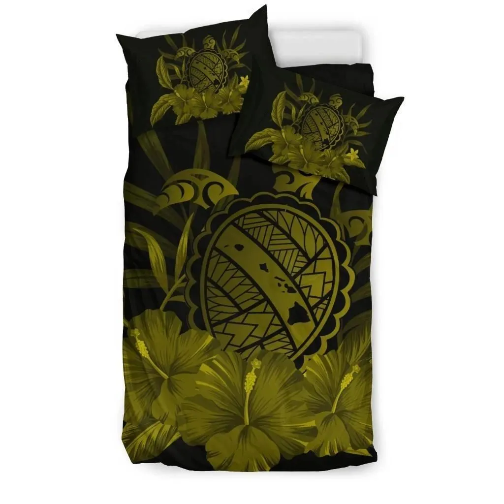 FamilyGater Bedding Set - Cover and Pillow Cases Hawaiian Map Turtle Hibiscus Polynesian - Yellow - AH J4