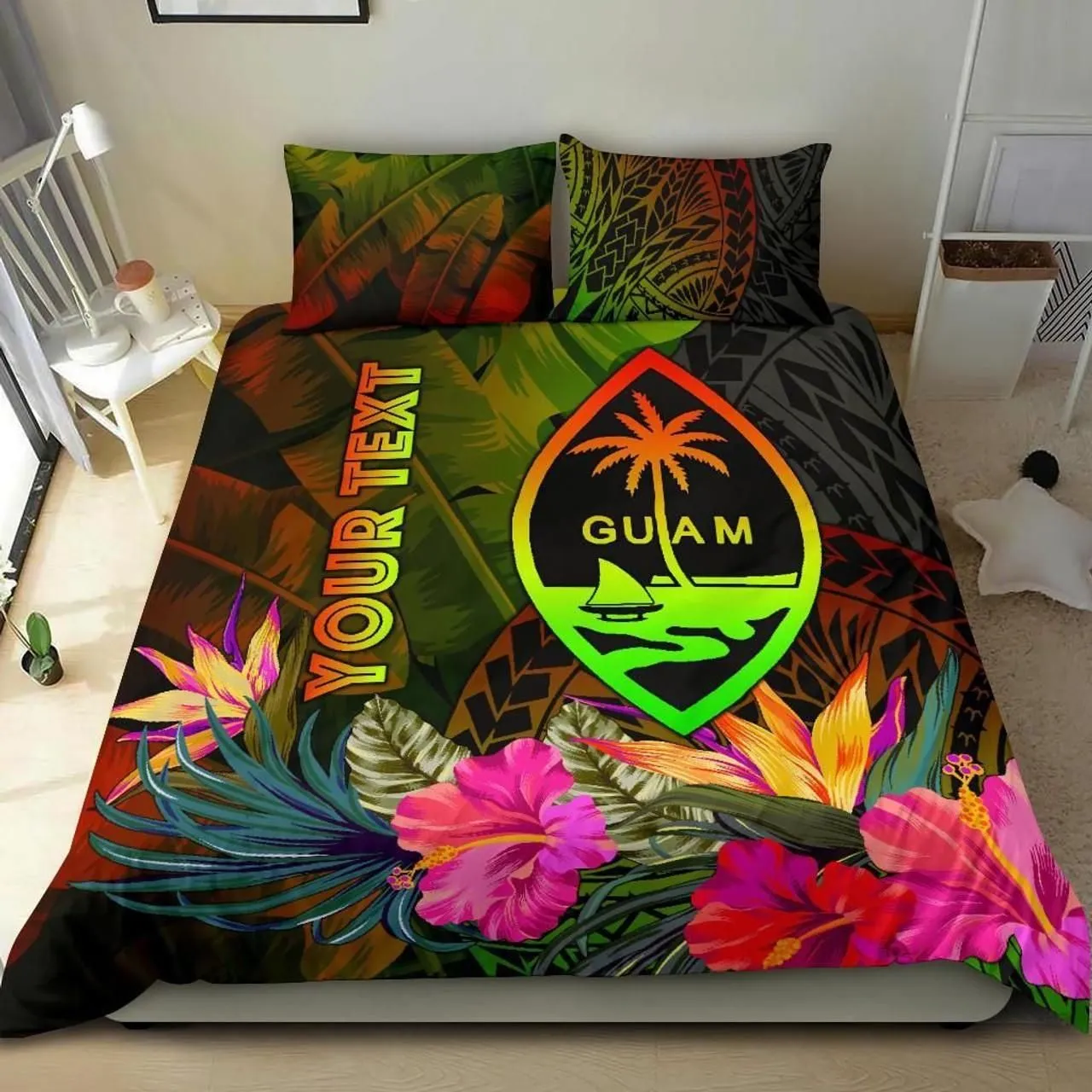 Guam Polynesian Personalised Bedding Set - Hibiscus And Banana Leaves
