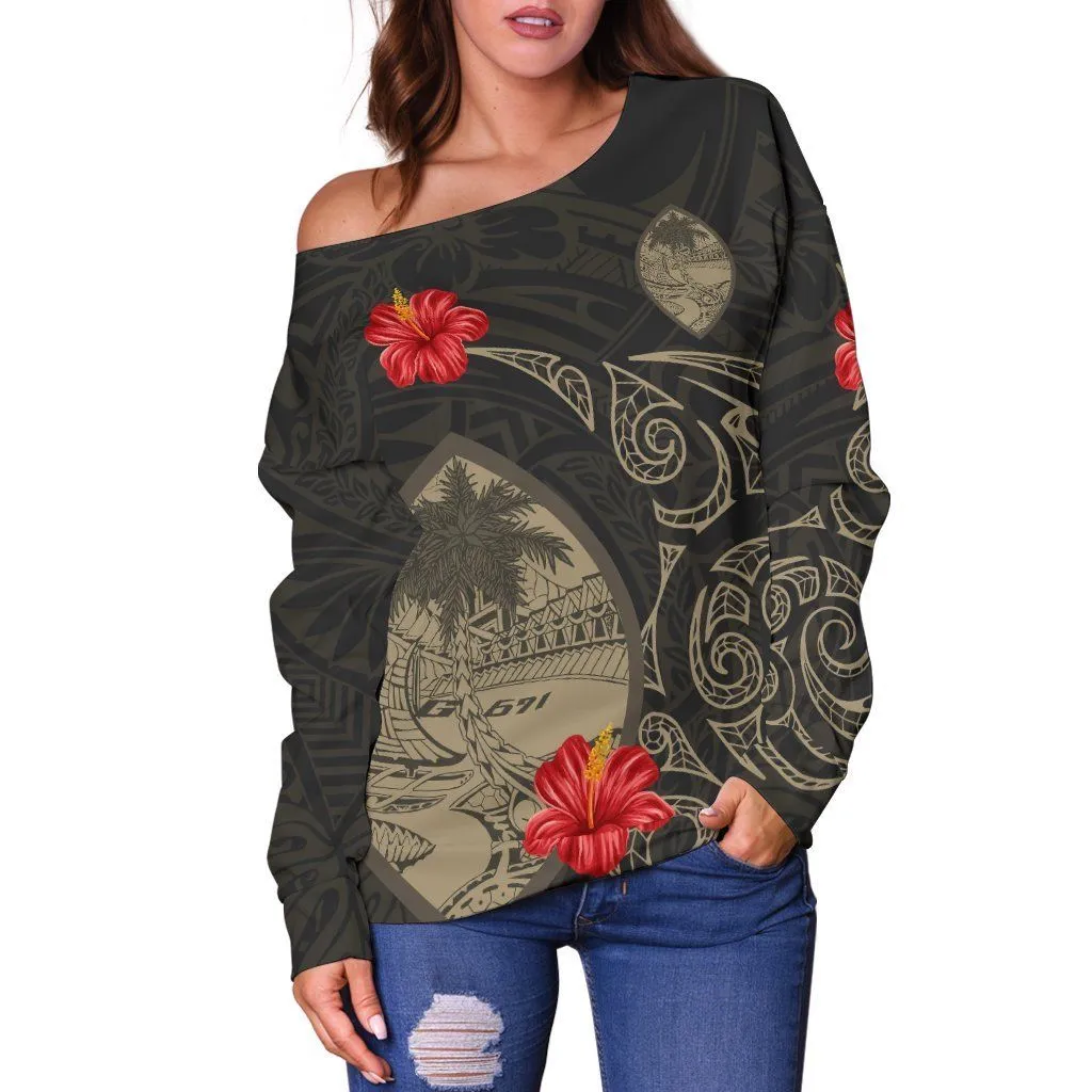 Guam Hoodie Hibiscus Tattoo Style shoulder sweater