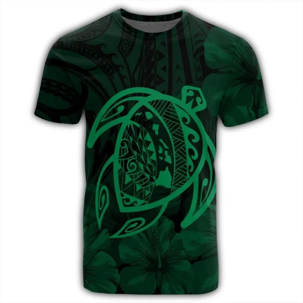 Alohawaii Tee - Hawaiian Map Turtle Kanaka Hibiscus Polynesian T-shirt Green - AH - J4R