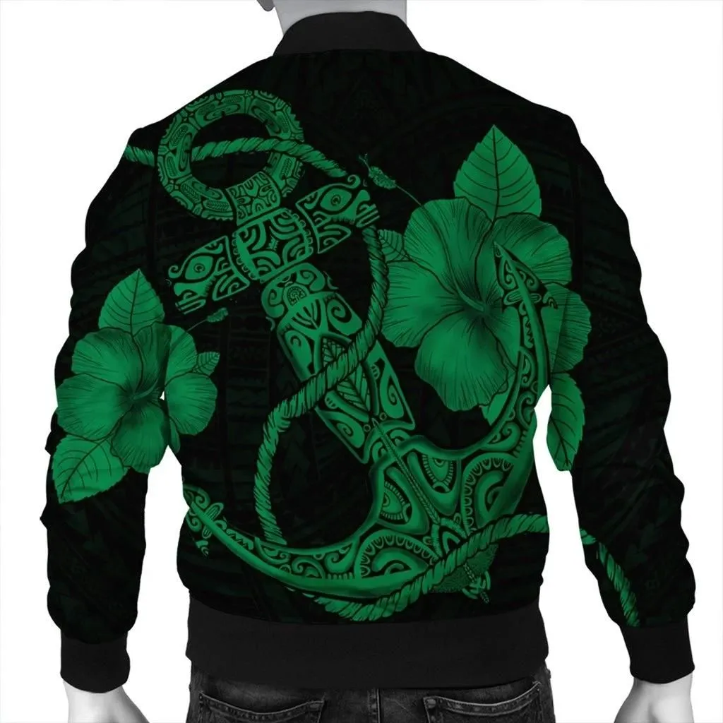Alohawaii Jacket - Hawaiian Anchor Poly Tribal Hibiscus Polynesian Bomber Jacket Green - AH - JR