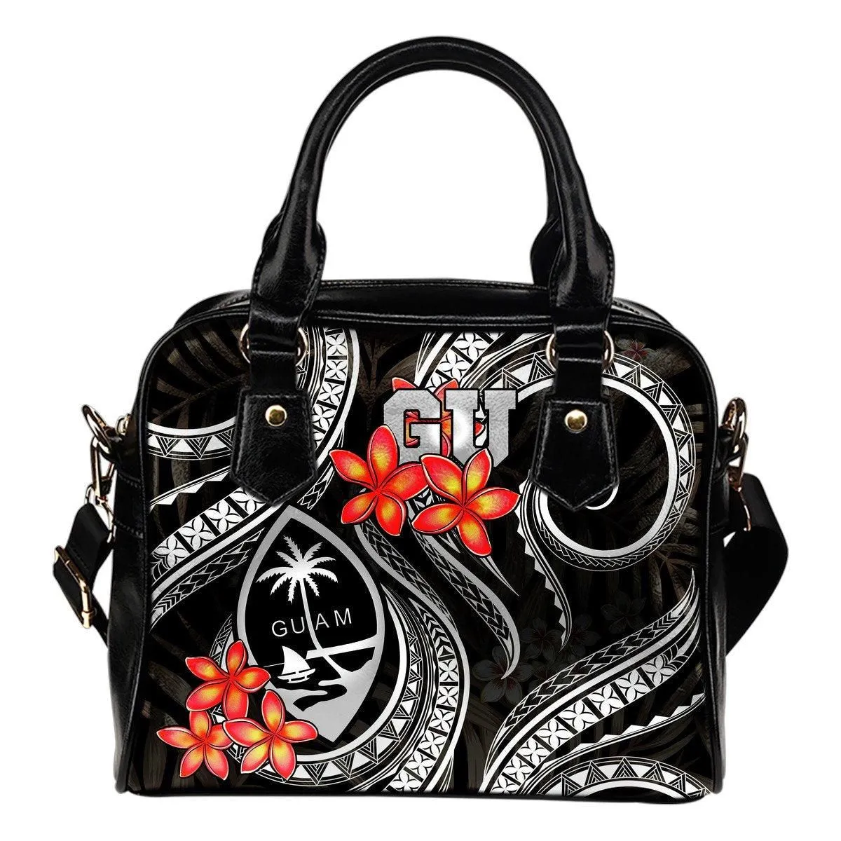Guam Polynesian Shoulder Handbag - Black Plumeria