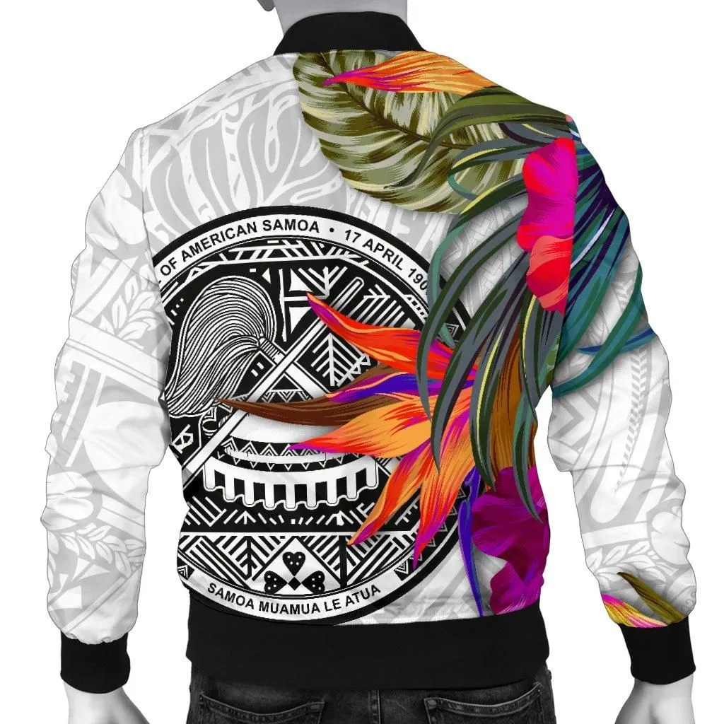 American Samoa Mens Bomber Jacket Hibiscus Polynesian pattern White