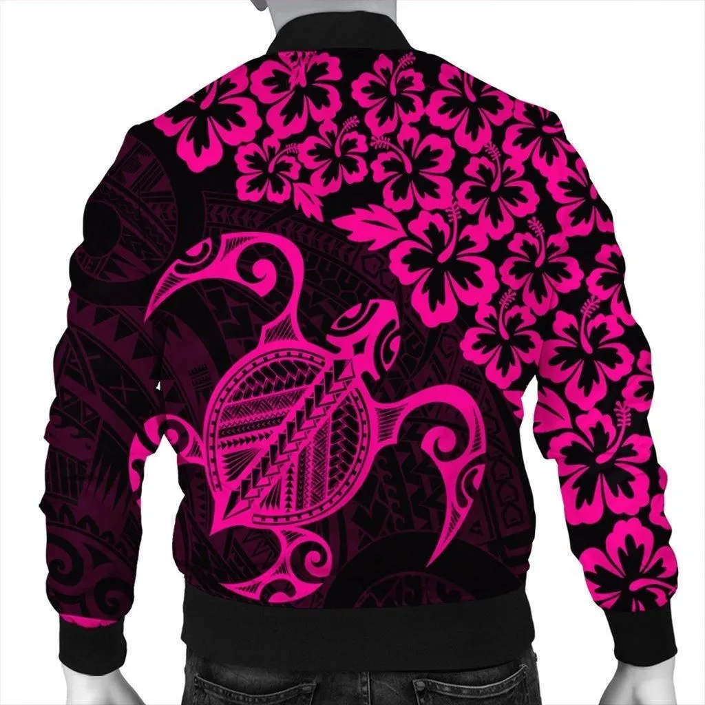 Hawaiian Map Turtle Hibiscus Kanaka Polynesian Bomber Jacket - Pink