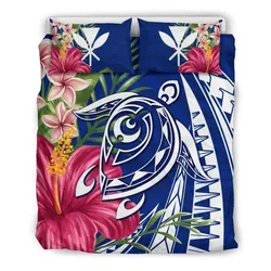 FamilyGater Home Set - Hawaii Polynesian Turtle Tropical Hibiscus Plumeria Bedding Set - Blue - AH - J4