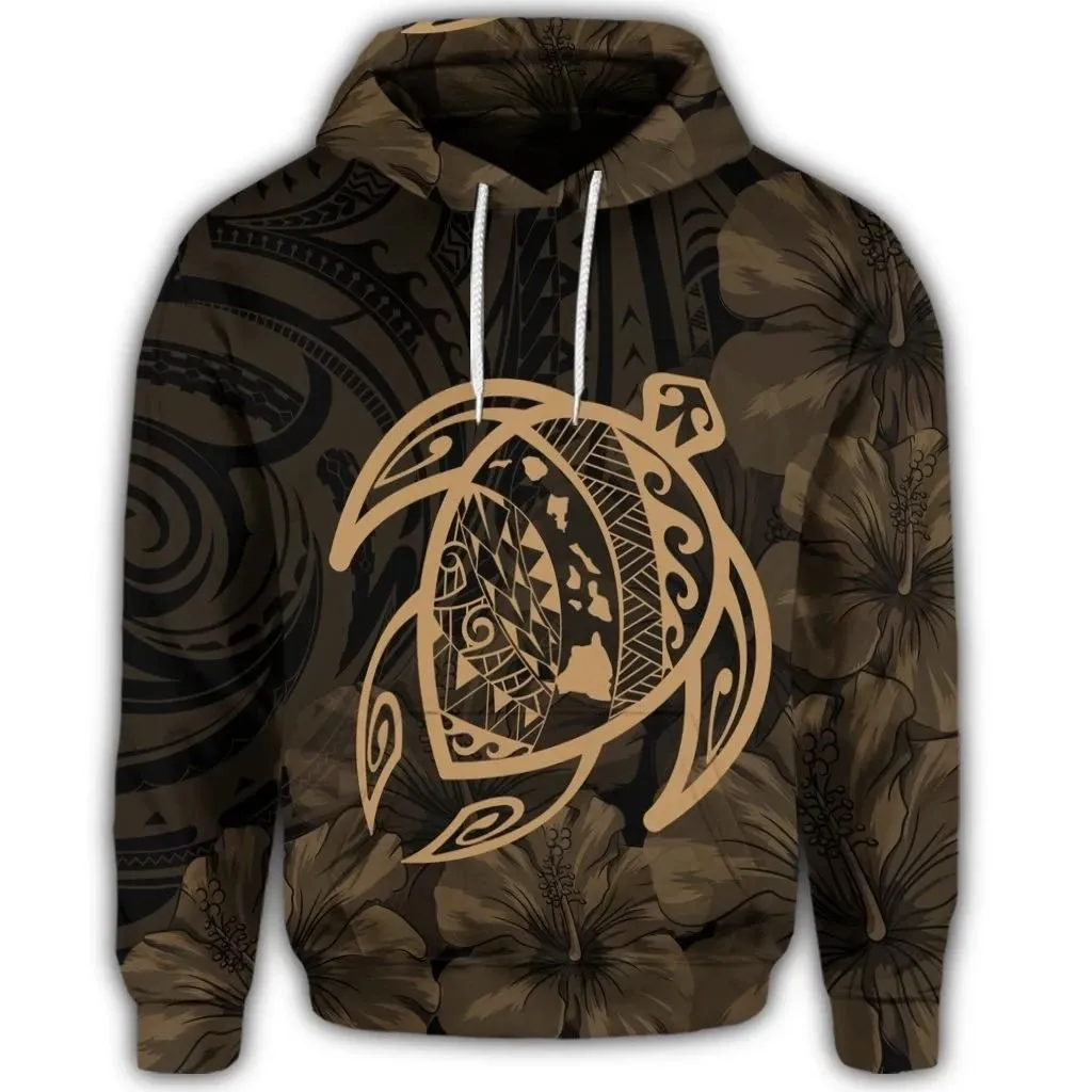 Alohawaii Hoodie - Hawaiian Map Turtle Kanaka Hibiscus Polynesian Hoodie - Gold - AH - J4R