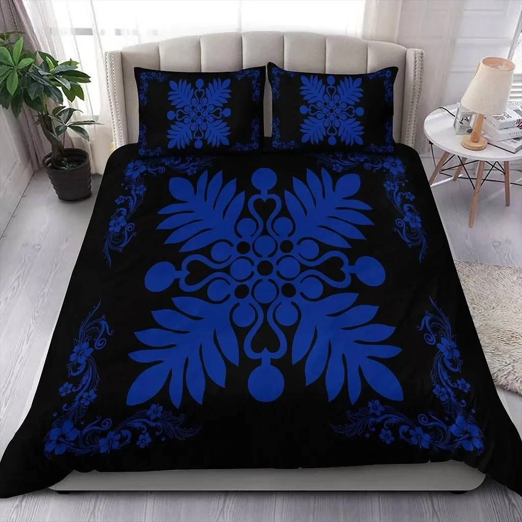 Alohawaii Home Set - Hawaiian Quilt Maui Plant And Hibiscus Pattern Bedding Set - Blue Black - AH J8