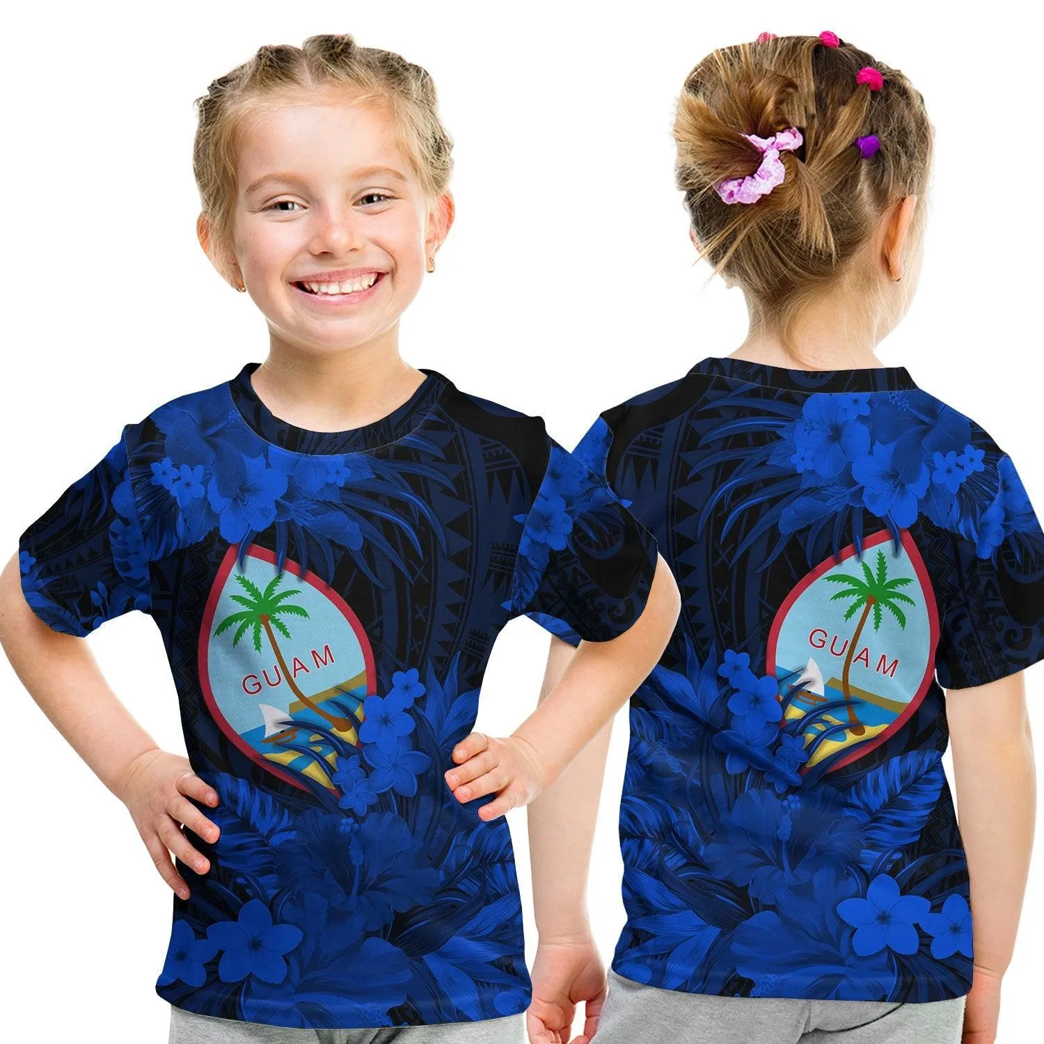 Guam Polynesian T Shirt KID Tropical Flowers - Blue LT8