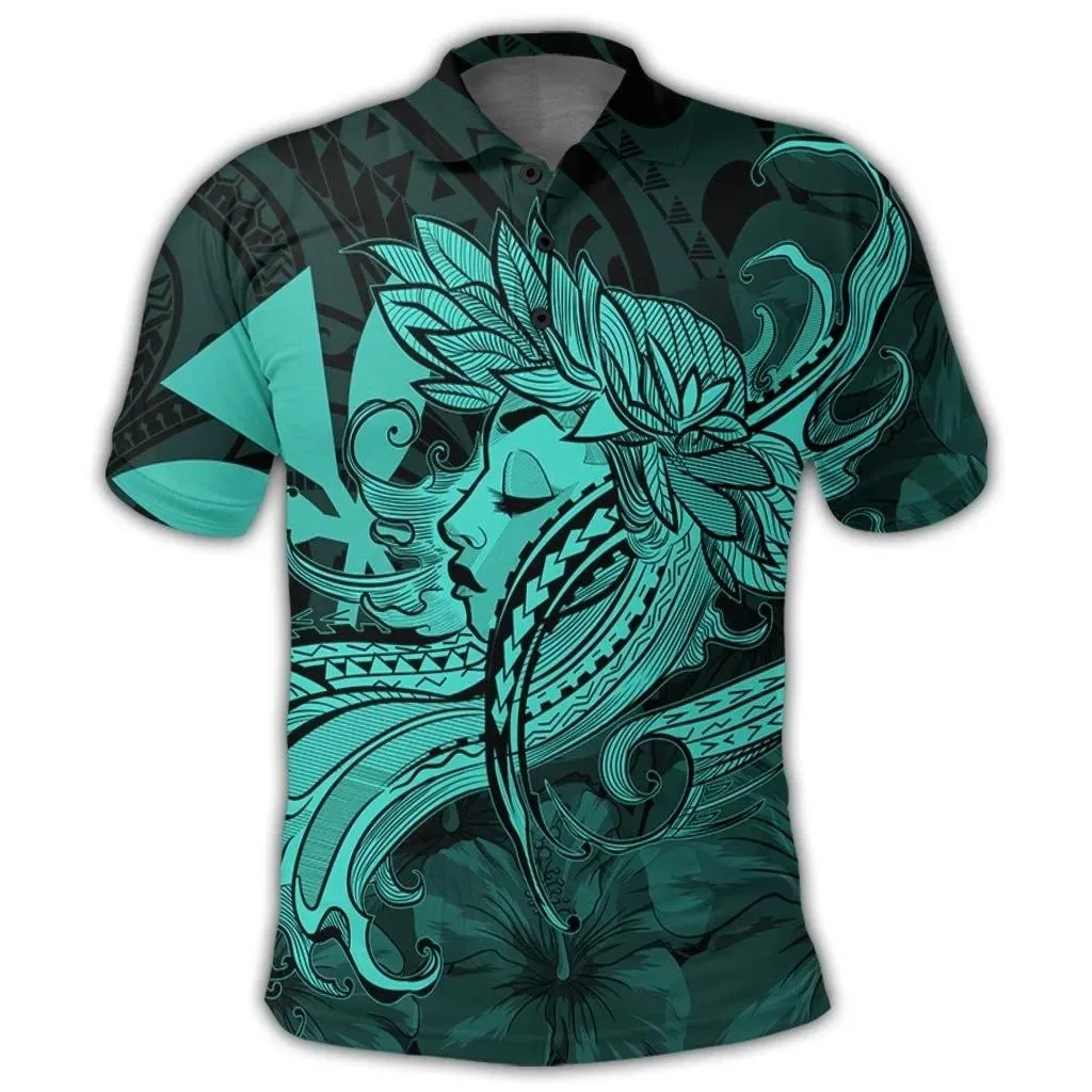 Alohawaii Shirt - Hawaiian Map Hula Girl Hibiscus Kanaka Polynesian Polo Shirt - Turquoise - AH - J4R