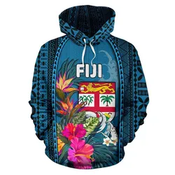 Fiji All Over Hoodie Coat Of Arms Polynesian With Hibiscus And Waves