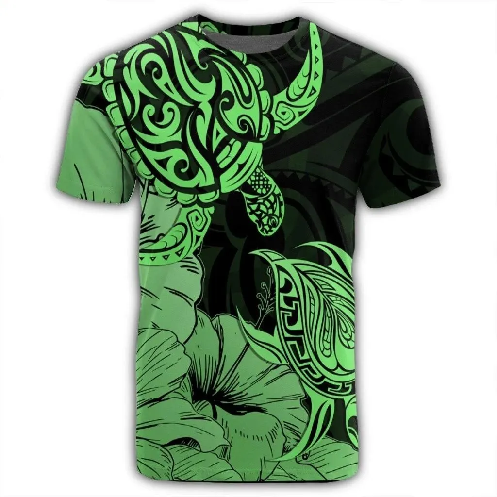 Alohawaii Tee - Hawaii Turtle T-Shirt Polynesian Hibiscus Art Green - AH - JR