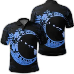 Hawaiian Map Hibiscus Turtle Polynesian Moon Polo Shirt Blue
