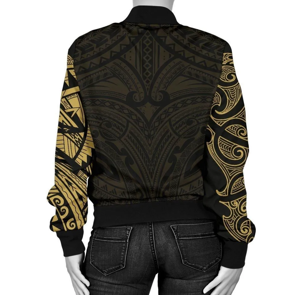 New Zealand Womens Bomber Jacket, Maori Polynesian Tattoo Gold