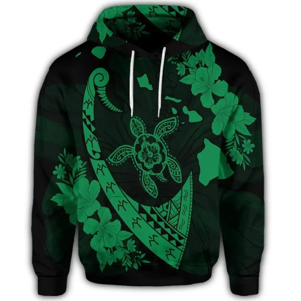 Alohawaii Hoodie - Hawaiian Map Hibiscus Turtle Fish Hook Polynesian Hoodie Green - AH - J5R