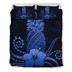 Hawaii Polynesian Pineapple Hibiscus Bedding Set - Zela Style Blue - AH - J4
