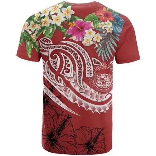 Polynesian Hawaii T shirt - Summer Plumeria Red