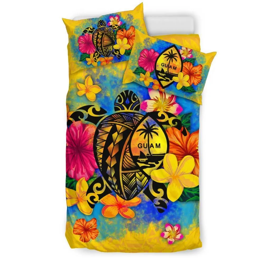 FamilyGater Bedding Set - Cover and Pillow Cases Guam Polynesian - Turtle with Plumeria and Hibiscus - BN15