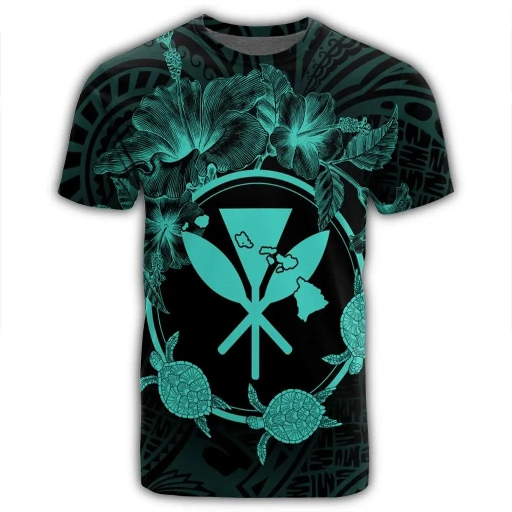 Alohawaii Tee - Hawaii Kanaka Turtle Hibiscus Polynesian T-shirt Anthea Style Turquoise - AH - J4R