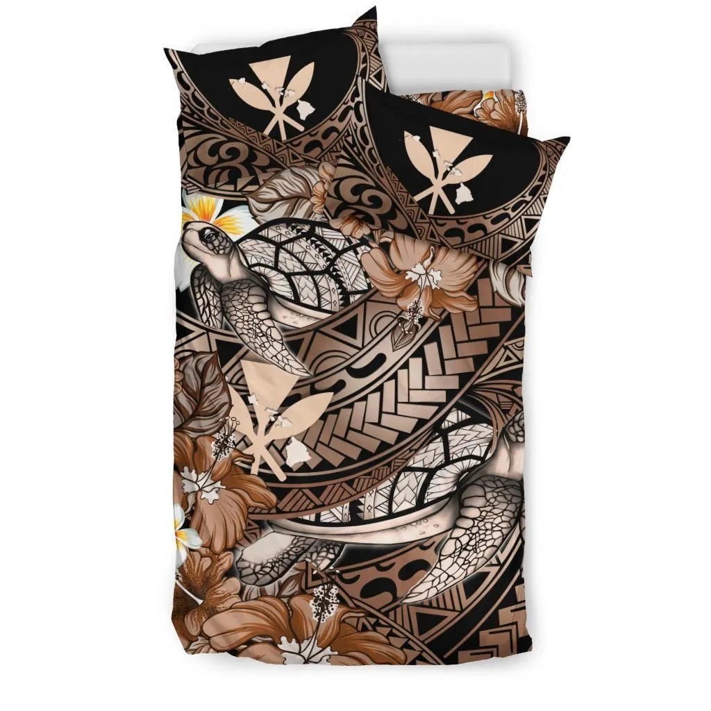 Kanaka Maoli (Hawaiian) Bedding Set - Waves Polynesian Turtle Hibiscus (Gold)