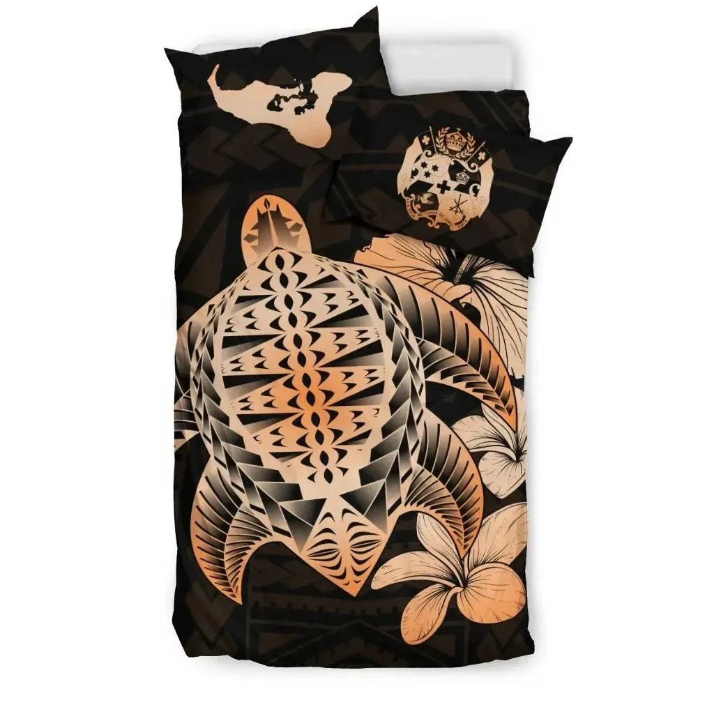 FamilyGater Bedding Set - Cover and Pillow Cases Tongan Hibiscus Plumeria Mix Polynesian Turtle Orange J1