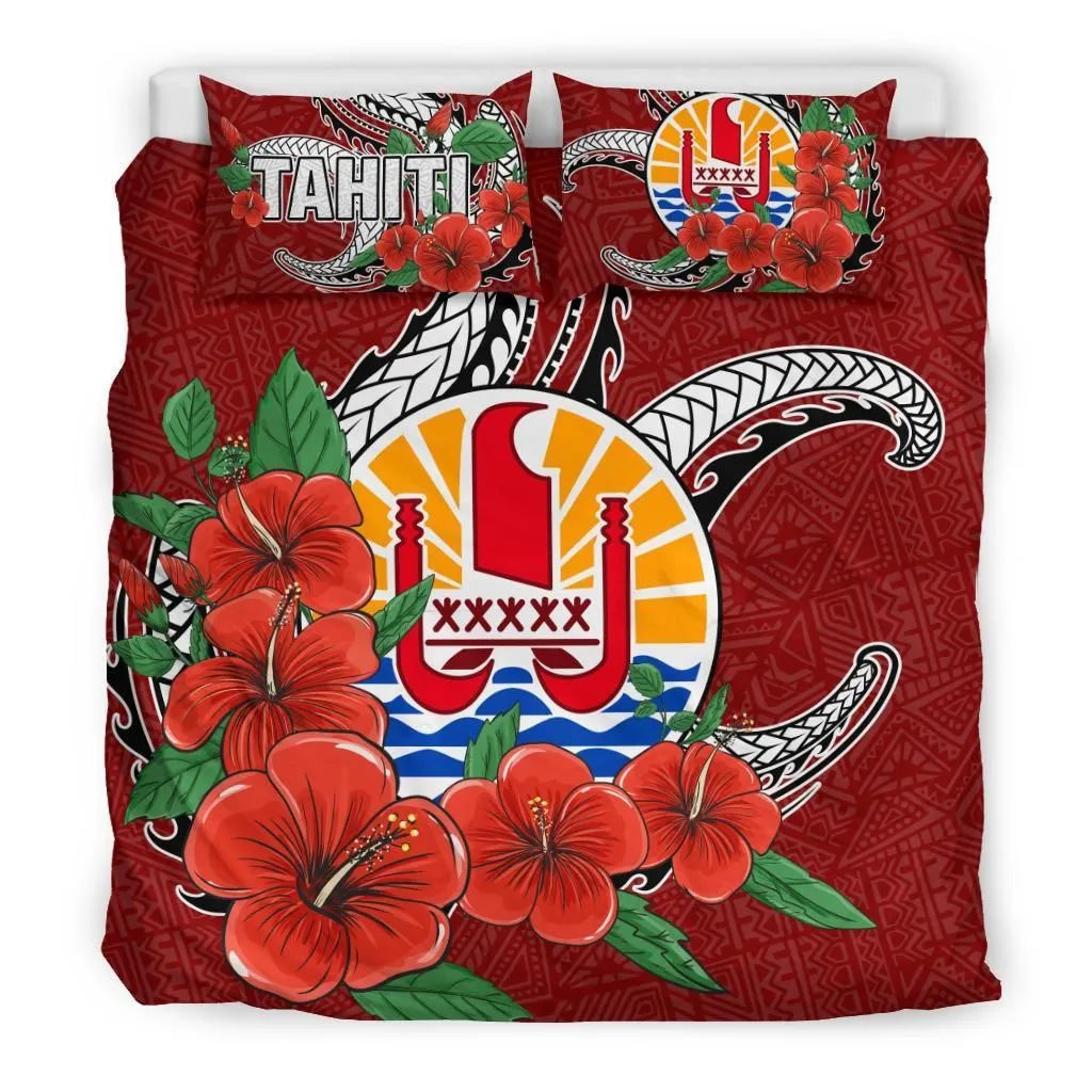 FamilyGater Bedding Set - Cover and Pillow Cases Polynesian - Tahiti - Hibiscus Coat of Arm Red - BN11