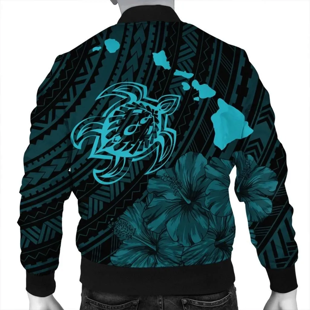 FamilyGater Jacket - Hawaiian Hibiscus Sea Turtle Swim Polynesian Bomber Jacket - Blue - AH - J5R