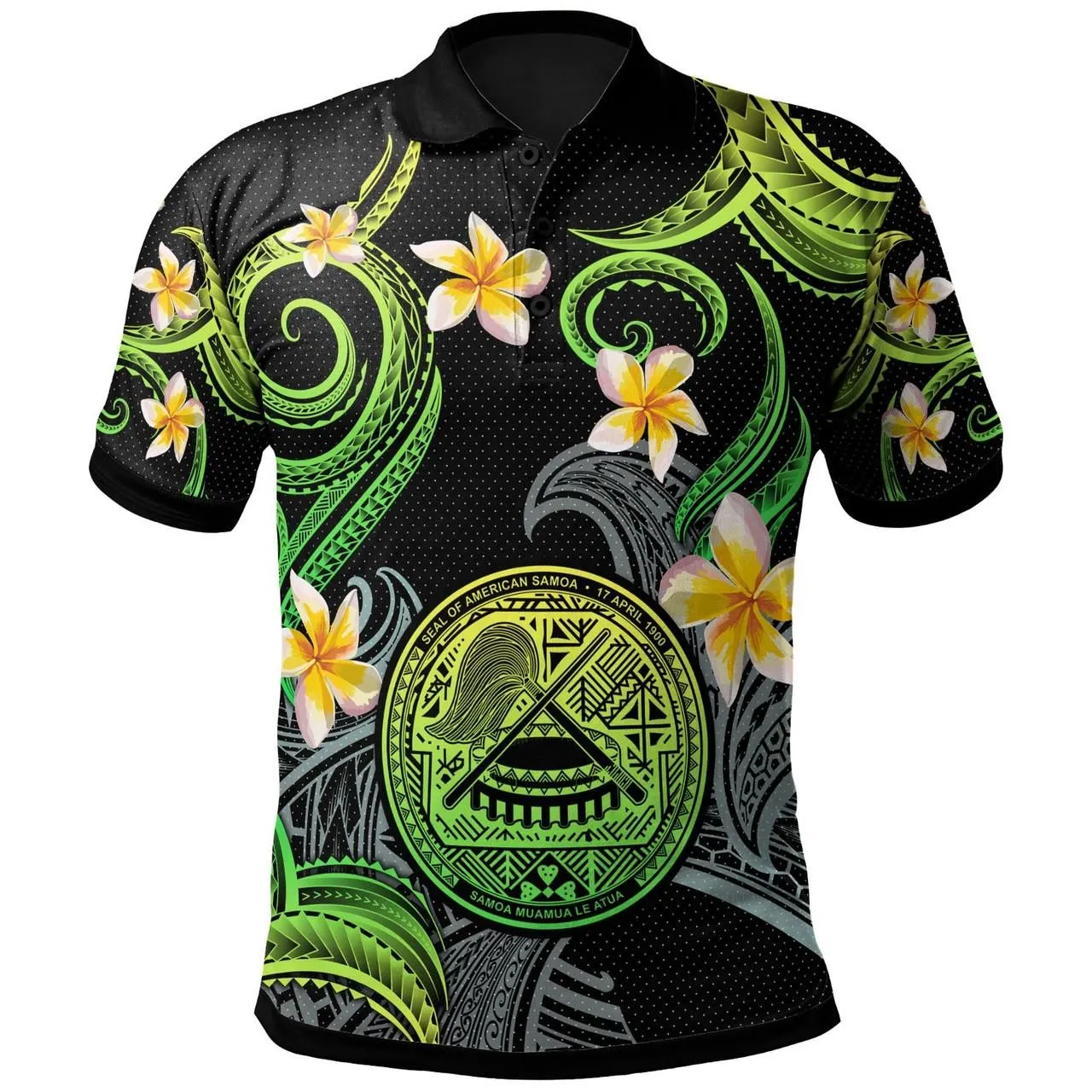 American Samoa Polo Shirt - Custom Personalised Polynesian Waves with Plumeria Flowers (Green)