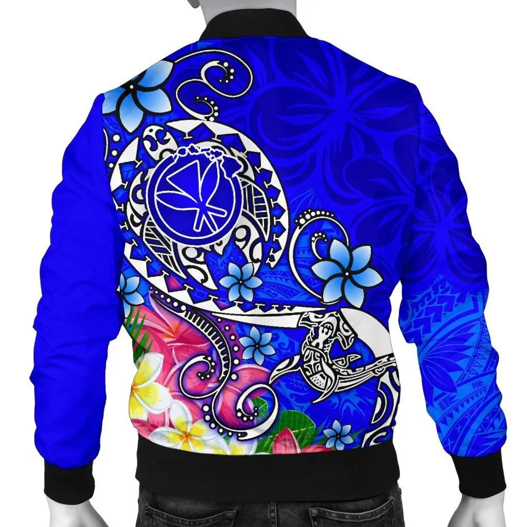 Hawaii Mens Bomber Jacket - Turtle Plumeria Polynesian Tattoo Blue Color