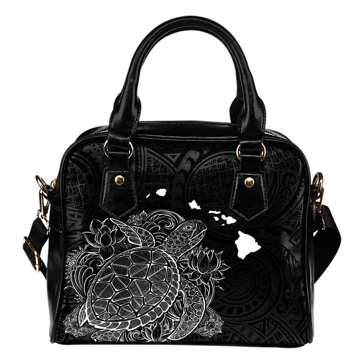 Polynesian Hawaii Shoulder Handbag - Turtle Map White Black